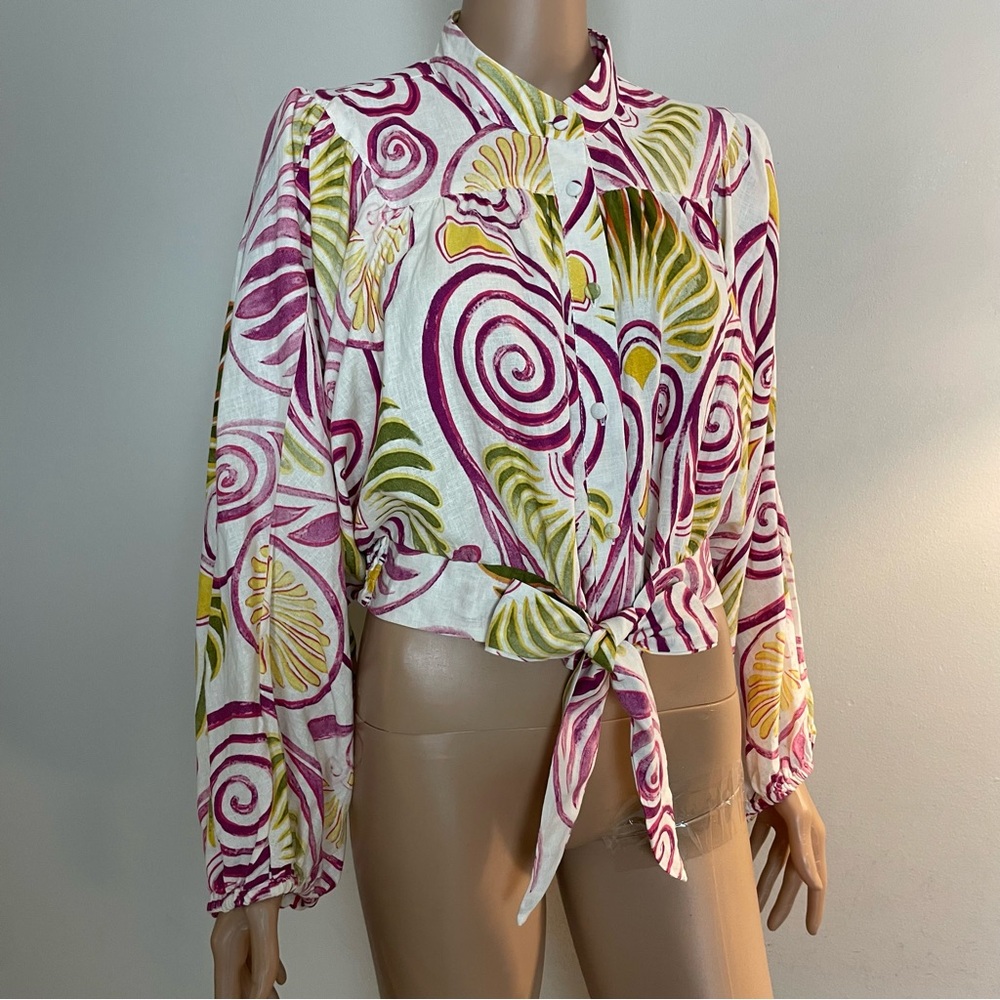 Women's CHRISTIAN SIRIANO Colorful TROPICAL SWIRL Linen Blend CROPPED BLOUSE - Picture 1 of 6